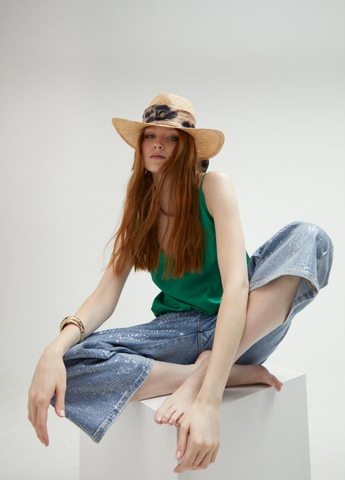 Sombrero fedora ala ancha con adorno pañuelo BEIGE