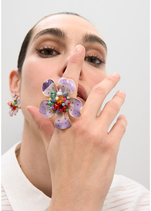 Anillo de Flor Lacada con Abalorios Multicolor