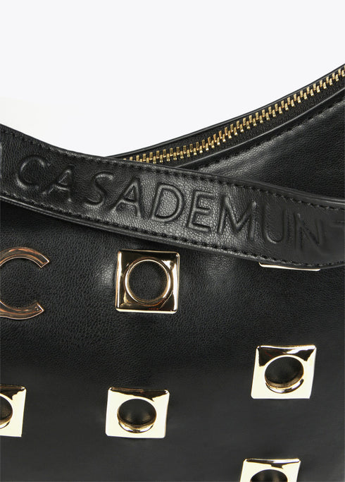 Bolso de hombro Lola Casademunt estilo hobo con jales metálicos cuadrados NEGRO