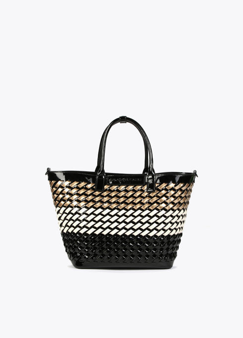 Cesto LOLA CASADEMUNT material trenzado de charol en tres tonos NEGRO- CRUDO