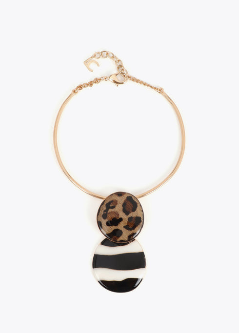 Collar Corto Gargantilla Rígida con Pendant Combinado Animal Print y Rayas