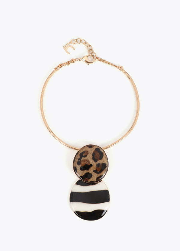 Collar Corto Gargantilla Rígida con Pendant Combinado Animal Print y Rayas