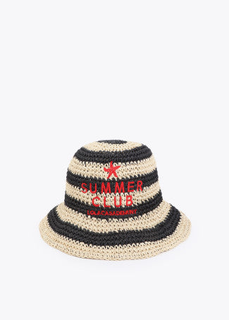 Sombrero en Efecto Rafia Rallada con Bordado Crudo-Negro Lola Casademunt LS2607024