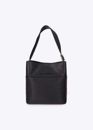Shopper Efecto Piel Rayas Acolchadas y Detalle Bola Metálica Negro Lola Casademunt