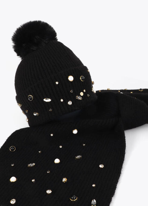 Gorro Tipo Punto con Perlas y Cristales Negro LF2607026