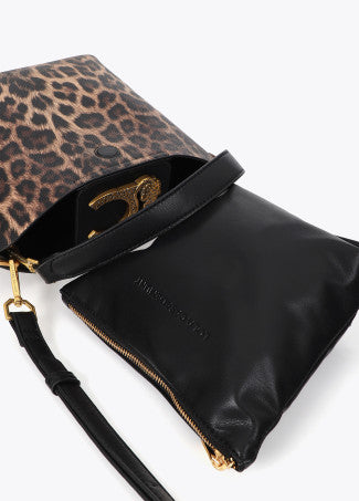 Bandolera con Cierre Solapa y Logo Leopardo Marron-Negro LF2604083
