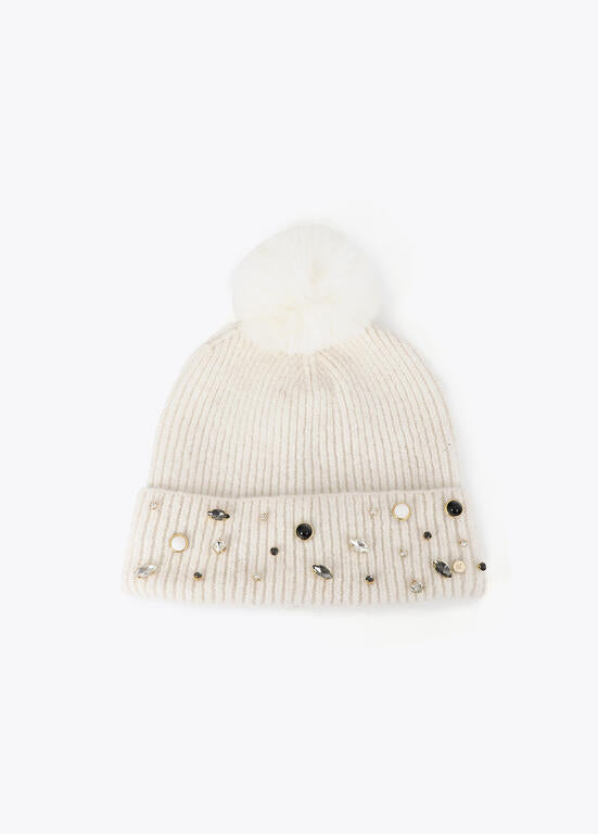 Gorro Tipo Punto con Perlas y Cristales Crudo LF2607026