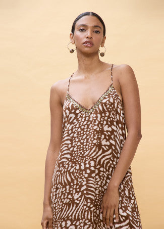 Vestido Largo Tirantes Estampado Manchas Marron-Crudo Lola Casademunt LS2616019