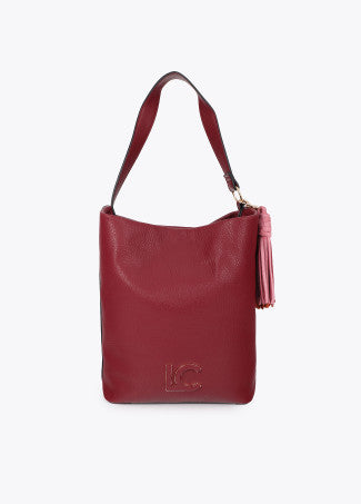 Shopper Efecto Piel con Pompones a Contraste Burdeos Lola Casademunt