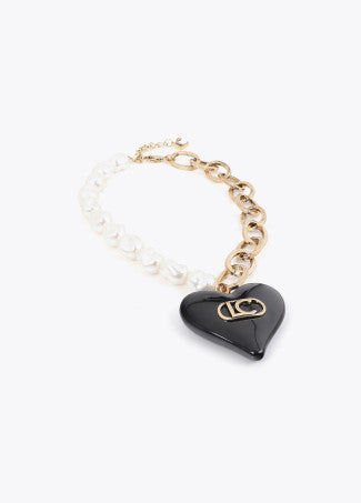 Collar Combinado Perlas y Cadena con Corazón Personalizado Metal-Negro Lola Casademunt