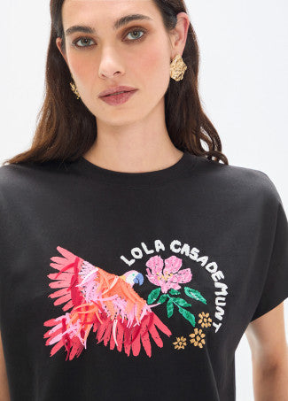Camiseta Loro con Plumas Negro Lola Casademunt LS2615030