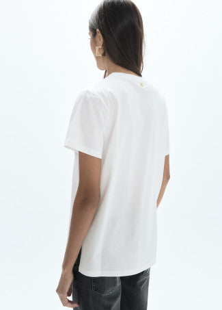 Camiseta Cuello Caja Aberturas Laterales y Posicionado Leopardo Lentejuelas Blanco Lola Casademunt