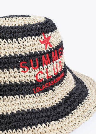 Sombrero en Efecto Rafia Rallada con Bordado Crudo-Negro Lola Casademunt LS2607024