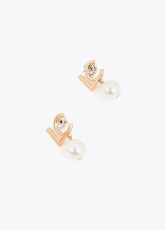 Pendiente Combinado con Logotipo y Perla Metal-Blanco Lola Casademunt