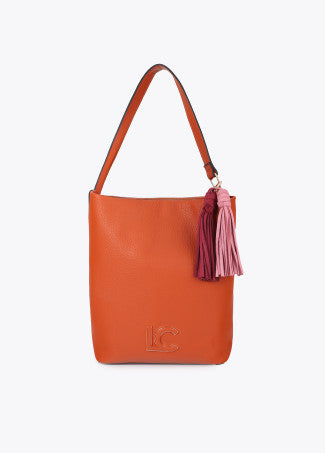 Shopper Efecto Piel con Pompones a Contraste Naranja Lola Casademunt