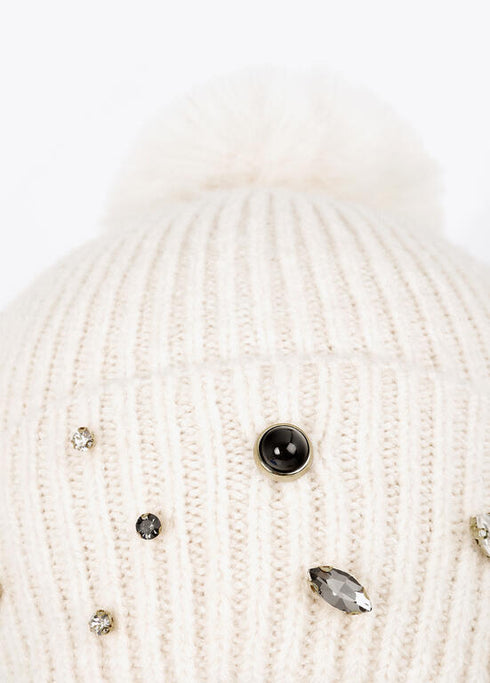 Gorro Tipo Punto con Perlas y Cristales Crudo LF2607026