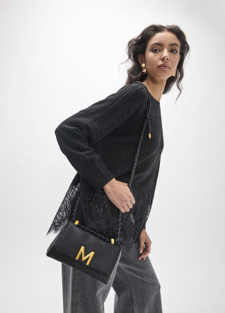 Bandolera con Solapa Asa Trenzada Negro Lola Casademunt