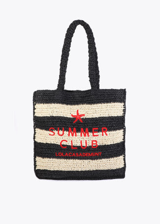 Bolso Efecto Rafia a Rayas con Bordado en 3d Negro-Crudo Lola Casademunt LS2604094