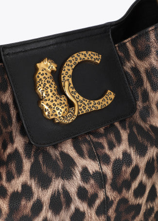 Shopper con Detalle de Cadena y Logo Leopardo Efecto Piel Marron-Negro LF2604085