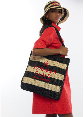Bolso Efecto Rafia a Rayas con Bordado en 3d Negro-Crudo Lola Casademunt LS2604094
