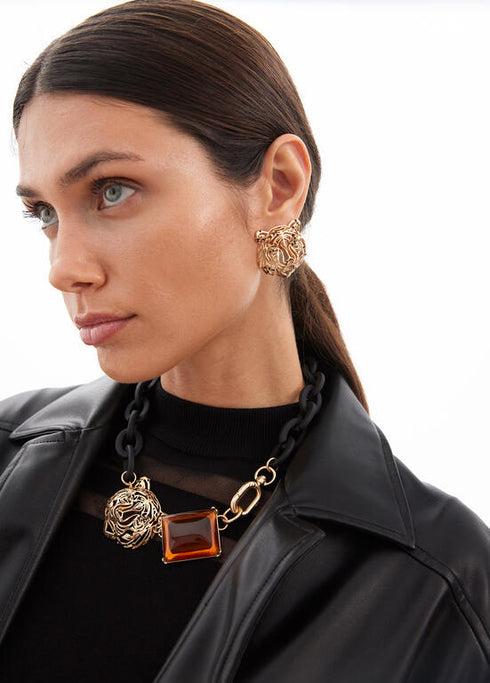 Collar LOLA CASADEMUNT corto cadena engomada tigre y cristal NEGRO-METAL LF2503042.2NM.U