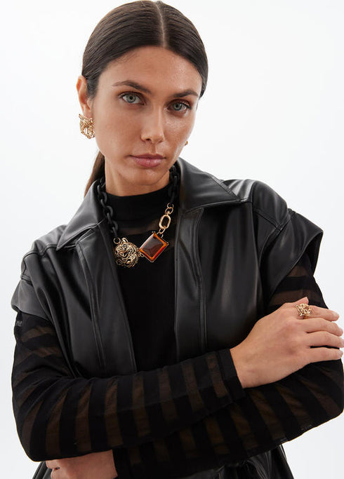 Collar LOLA CASADEMUNT corto cadena engomada tigre y cristal NEGRO-METAL LF2503042.2NM.U