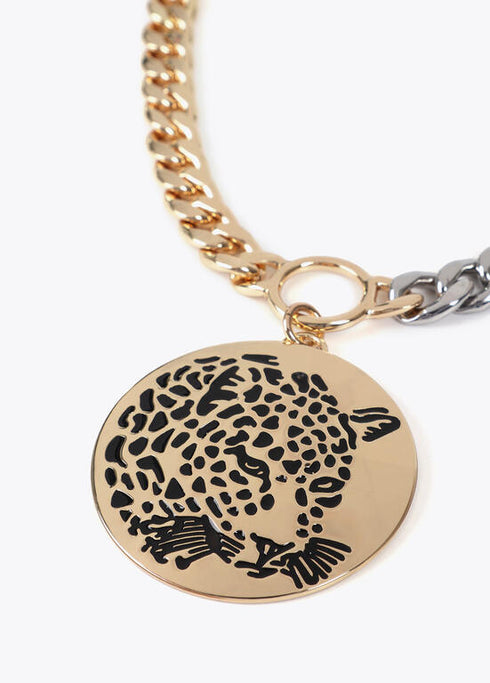 Collar LOLA CASADEMUNT cadena combinada con medallon joya cara de tigre METAL-METAL LF2503043.2MM.U