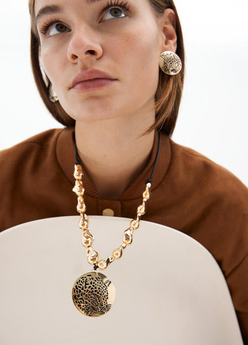 Collar LOLA CASADEMUNT cordón piezas doradas y medallón joya cara de tigre METAL-NEGRO LF2503044.2MN.U