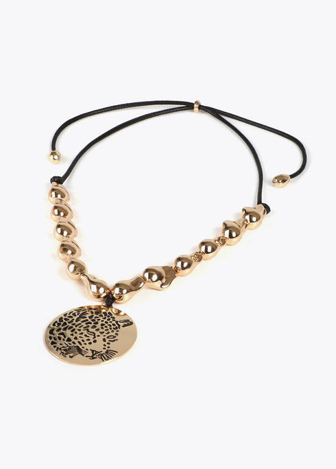 Collar LOLA CASADEMUNT cordón piezas doradas y medallón joya cara de tigre METAL-NEGRO LF2503044.2MN.U
