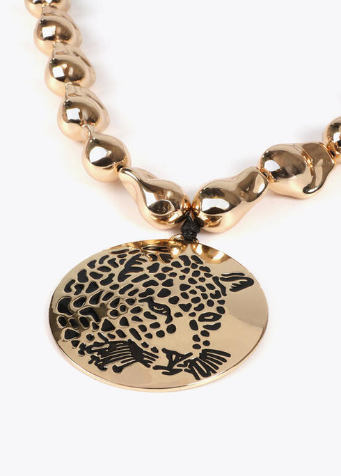 Collar LOLA CASADEMUNT cordón piezas doradas y medallón joya cara de tigre METAL-NEGRO LF2503044.2MN.U