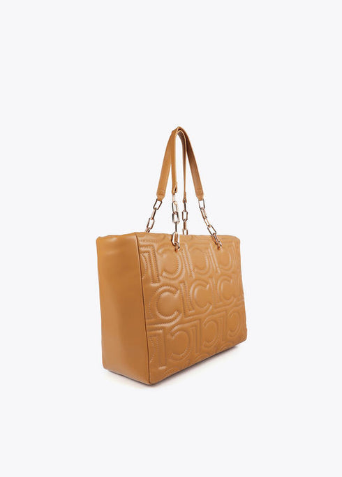 Shopper acolchado logotipada en efecto piel con asa mix cadena CAMEL U LF2504027.052.U LOLA CASADEMUNT