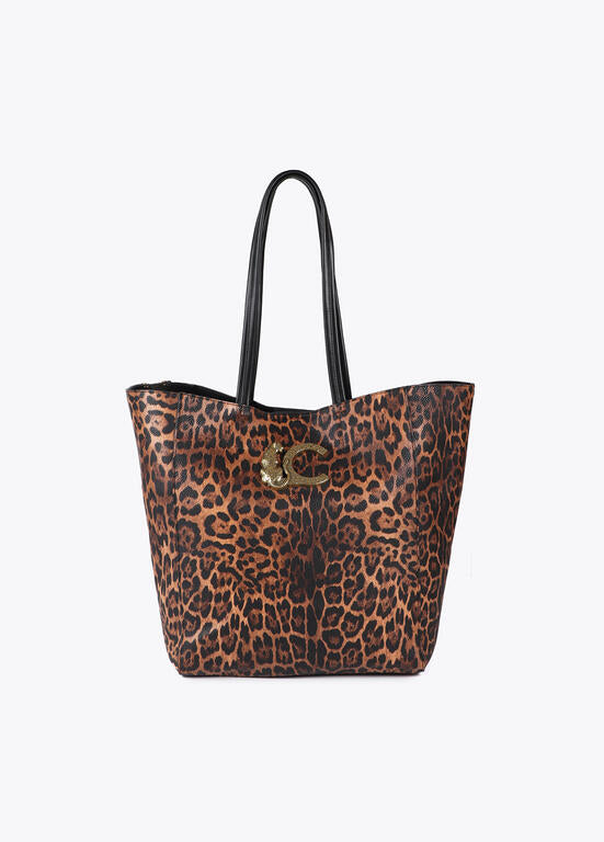 Bolso shopper animal print con logo LC leopardo LOLA CASADEMUNT MARRON-NEGRO LF2504061.25N.U