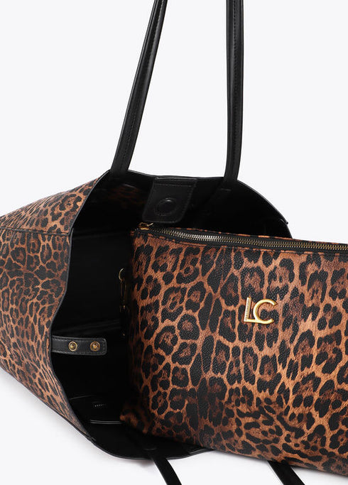 Bolso shopper animal print con logo LC leopardo LOLA CASADEMUNT MARRON-NEGRO LF2504061.25N.U