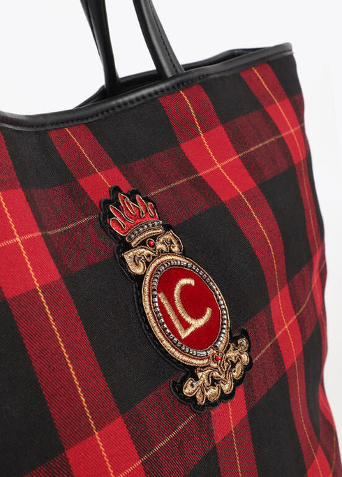 Bolso shopper cuadros con parche escudo LOLA CASADEMUNT ROJO-NEGRO LF2504080.23N.U