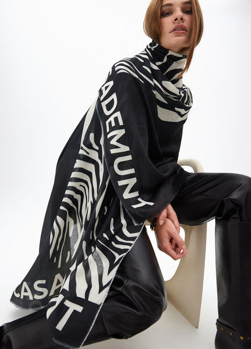 Foular estampado cebra y liso LOLA CASADEMUNT NEGRO-CRUDO LF2507019.2N0.U