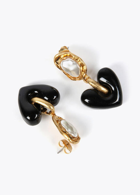 Pendientes LOLA CASADEMUNT perla y corazon METAL- NEGRO