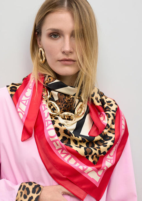 Pañuelo satinado con estampado combinado de rallas y leopardos NEGRO-MULTICOLO
