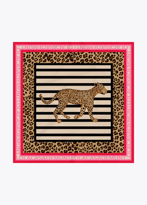 Pañuelo satinado con estampado combinado de rallas y leopardos NEGRO-MULTICOLO