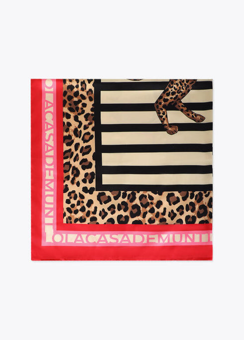 Pañuelo satinado con estampado combinado de rallas y leopardos NEGRO-MULTICOLO