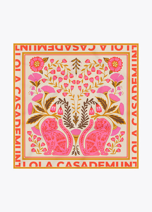 Pañuelo satinado con diferentes motivos florales y tigres ROSA-AMARILLO