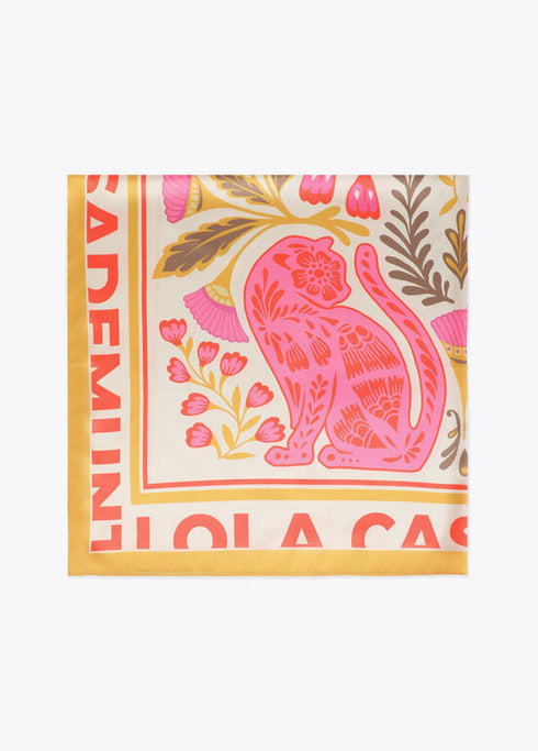 Pañuelo satinado con diferentes motivos florales y tigres ROSA-AMARILLO