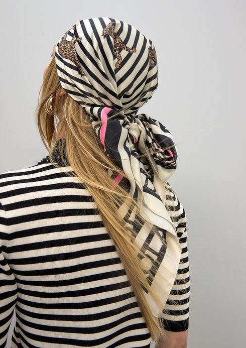 Pañuelo satinado con estampado combinado de rallas y leopardo NEGRO-MULTICOLO