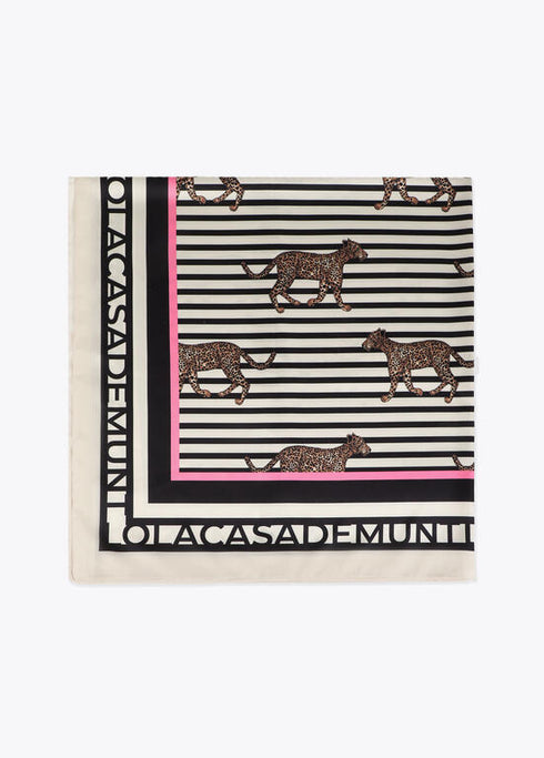 Pañuelo satinado con estampado combinado de rallas y leopardo NEGRO-MULTICOLO