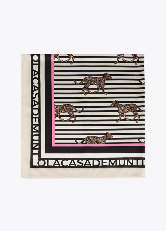 Pañuelo satinado con estampado combinado de rallas y leopardo NEGRO-MULTICOLO