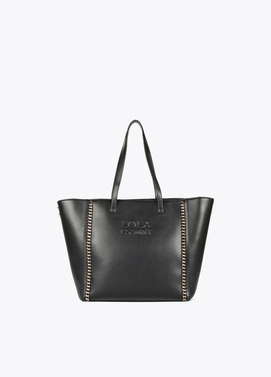 Shopper efecto piel con logo en relieve y detalle cadena NEGRO